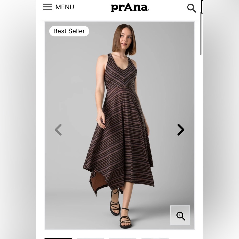 Prana midi v-neck dress with bra pads. Black Stripe. Like new. Size M.